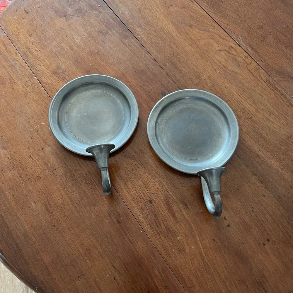 Vintage Pewter Candle Wall Sconce Pair Colonial Metal Reflection Taper Holder